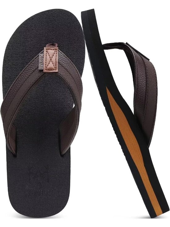 Men Dark Brown Yoga Mat Leather Flip Flops Slip On Indoor Outdoor Sandal Slipper main image 5